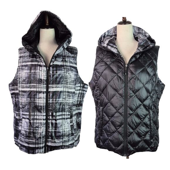 Gerry Black White Quilted Down Reversible Hooded Packable Women's Vest NEW XXL - Picture 1 of 5